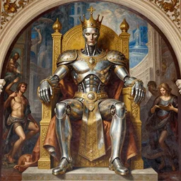 beautifully painted mural of a cyborg king in ornate royal metallic fabric sitting in his royal throne room, piercing glowing eyes, sci fi scenery, fantasy setting, vogue cover poses, mural in the style of sandro botticelli, caravaggio, albrecth durer