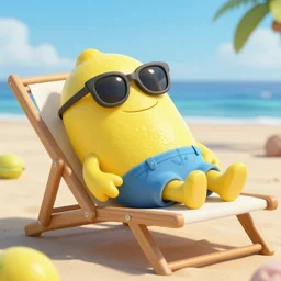 a lemon cartoonish character in sunglasses lying on a sun lounger, realistic, photorealistic, detailed, high quality, high resolution, lossless, 8K, HDR, 8K resolution
