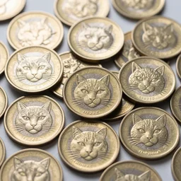 a heap of exactly identical coins with cats on the face. the front of the coins is etched with a highly detailed cat face.