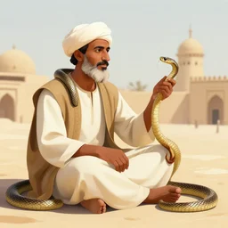 a man with a snake in ancient Baghdad, 8k , digital art, smooth