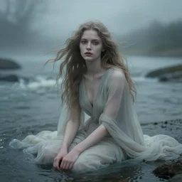 cinestill 5 0 d depht of field portrait of a dreamy beautiful pre - raphaelite siren in style of annie liebovitz sitting on a river in a dystopian tempest sea environment, dress and hair floating elegant, highly detailed, pale mute matt, soft blur, artstation, head in focus, soft blur