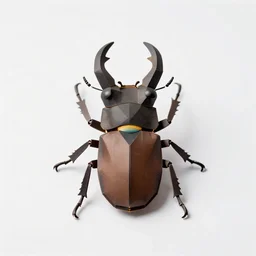 papercraft stag beetle, studio photography, full body, isolated on a pure white background, centered, entire subject in frame, sharp focus, soft studio lighting
