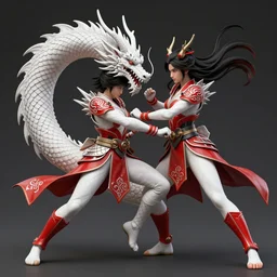 maiko fighting a dragon, fluent composition, red white and black, concept art, ambient light, 4 k, intricate details, highly professionally detailed, cgsociety, highly detailed -