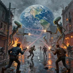 hyperrealistic oil painting of the aliens invading earth at the rainy day all the people are running the street are ruined the buildings are on fire and the aliens are shooting laser guns 3 d