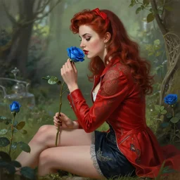red jacket tattooed pinup british girl sits on a garden smelling a blue rose, deep focus, turnaround, fantasy, intricate, elegant, highly detailed, digital painting, artstation, concept art, matte, sharp focus, illustration, hearthstone, art by artgerm and greg rutkowski and alphonse mucha.