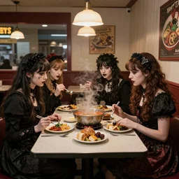 gothic ladies cooking at a denny's, painting by benadicio