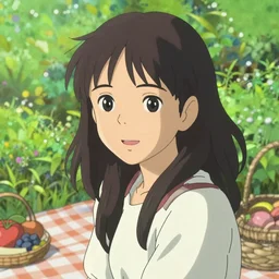 Portrait of a woman having a picnic in a verdant garden, beautiful face, highly detailed, photoshop, digital illustration, by Makoto Shinkai and Hayao Miyazaki, by Ilya Kuvshinov and Alphonse Mucha and Krenz Cushart