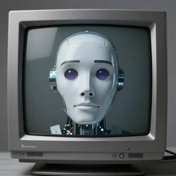 a lifelike robot face on an old fashioned crt monitor screen. photo realistic, hyper detailed, trending on artstation, unreal engine 5, octane render, 8 k