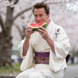 photo, arnold schwarzenegger eats watermelon, japanese kimono, high heels, under sakura tree