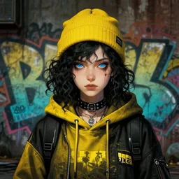 highly detailed portrait of a sewerpunk student lady with blue eyes, hoody, beanie hat, black curly hair by atey ghailan, james gilleard, by joe fenton, by greg rutkowski, by greg tocchini, by kaethe butcher, gradient yellow, black, brown and cyan color scheme, grunge aesthetic!!! ( ( dystopian graffiti tag wall background ) )