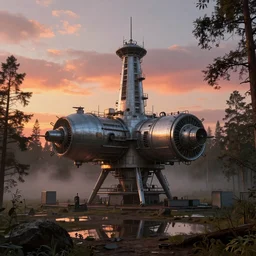 3 d render brutalism ussr space station, located in the woods, puddles of water, by artgerm, greg rutkowski, sunset, foggy, stunning skies, volumetric lighting, sharp focus, cryengine