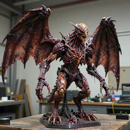 photo taken of an epic intricate, ultra detailed, super realistic gritty, hero prop, exquisitely painted animatronic movie prop of a wet slimy grotesque nightmarish hellish winged avian creature displayed in the workshop, created by weta workshop, full body shot, photorealistic, sharp focus