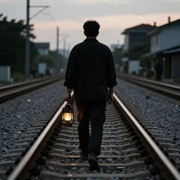 A silhouetted figure holding a lantern walks along some railroad tracks towards the camera
