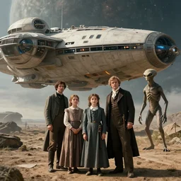 highly detailed, 137438953472k film still from a sci fi blockbuster color movie made in 2019, set in 1860, of a family standing in front of a spaceship that has just landed on an alien planet, a humanoid alien creature stands nearby, the family are all wearing 1860s era clothes, good lighting, good photography, ultra high definition