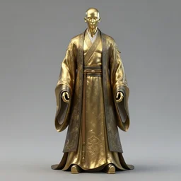 full body portrait of a male daoshi with metallic skin wearing a daopao by wlop, wuxia, xianxia, daoshi, taoist priest, taoist master, metal doll, gold metallic skin, daopao, taoist robe, noragi, realistic, anatomically accurate, fantasy illustration, artstation, wlop, hi - res, 4 k.