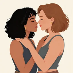 artistic depiction of a mixed race lesbian couple deeply in love, very romantic, highly detailed, smooth, stylized, medium shot, vector line art, clean cel shaded vector art, by ilya kuvshinov, ross tron, lois van baarle, artgerm, rossdraws