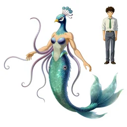 concept designs for an ethereal peacock eel mermaid hybrid with a squid like parasite attached to its head and long tentacles for arms that flow gracefully at its sides, art by yuji ikehata and satoshi kon and miyazaki, realism, proper human male proportions, fully clothed