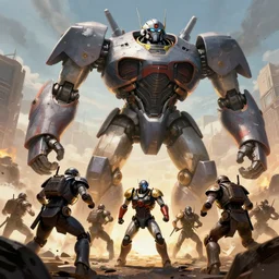 troops against giant robots during war, comic book style, hyperdetailed, artstation, cgsociety, 8 k