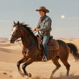 cowboy ridding through the desert on a horse, sharp focus, intricate, elegant, digital painting, artstation, matte, highly detailed, concept art, illustration, volumetric lighting, bokeh light, art by greg olsen and liz lemon swindle