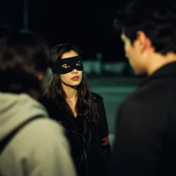 an award winning photo over - the - shoulder shot of a masked woman and a guy talking in the night, thriller vibe, fujifilm velvia 1 0 0