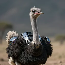 portrait of an ostrich wearing futuristic cybernetic battle armour, realistic reflections, leds