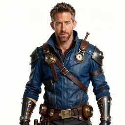 portrait steampunk ryan reynolds, blue, in the style of artgerm and charlie bowater and atey ghailan and mike mignola, epic lighting, vibrant colors and hard shadows and strong rim light, very coherent, comic cover art, plain background, trending on artstation