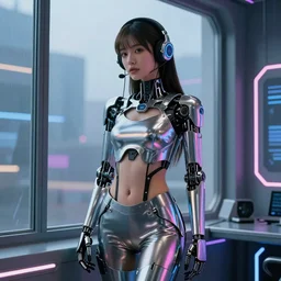 beautiful cybergirl with the headset in the metallic costume standing by the window in the futuristic neon room, robotic, digital art, highly detailed