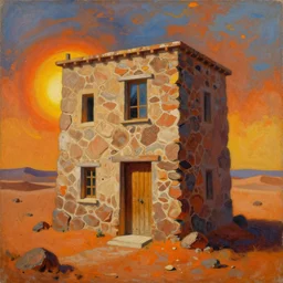 a surrealist painting of a melting lava stone building with wooden doors and a glass window. on a hill in the spanish sahara in the scorching sun, in the style of kandinsky, oil on canvas