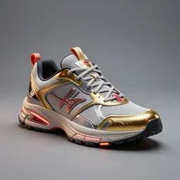 realistic cyberpunk sneaker, beautiful studio lighting, soft, sharp focus, neon cyberpunk highlights, intricate detail, gold and red accents, soft rubber, octane render, wide angle, trending on artstation, deviantart, art by syd mead