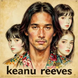 “ keanu reeves portrait by ikenaga yasunari and ayana otake and ko rakusui, 6 0 s poster, drawing, realistic, sharp focus, japanese, dreamy, nostalgia, faded, golden hues, floral clothes, porcelain skin ”