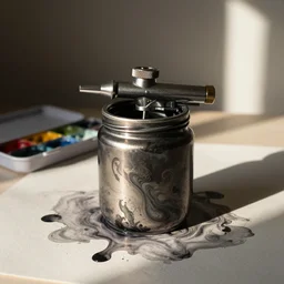 airbrush of jar of swirling ink on a desk, dramatic afternoon lighting, intense watercolor, heavy metal, by moebius