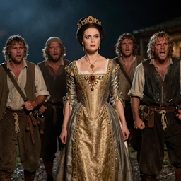 Empress Sisi in a group of angry peasants at night, epic lighting