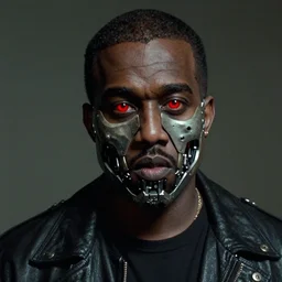 Film still of kanye west as the terminator, red eyes, face exoskeleton