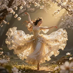 summer scene a spirit composed by the exquise blossom of flowers, intricate, elegant, beautiful, exotic, it dances in the air majestically, fantasy, concept art, digital art, magical scene, cinematic, golden hour, rich moody colors, 8 k, hi - res, uhd