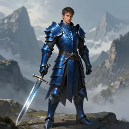 full body portrait of a dragonslayer in the mountains, male, shiny blades, plate navy blue armor, dragon motif, high fantasy, dnd, face details, extremely detailed, smooth, sharp focus, digital illustration, by artgem, rossdraws, sakimichan