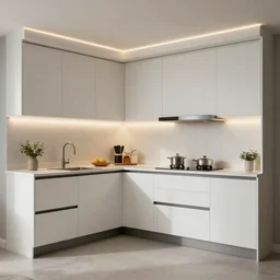 Photograph of organic modern style kitchen with led strip lighting, better homes and gardens, 4K, very detailed