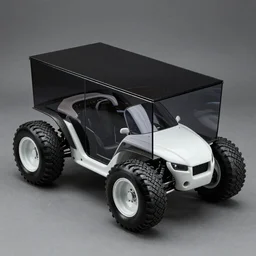 reflective dark glass and plastic rectangular box - shaped car with fat tires and exposed carbon fibre and white ceramic generative design structure, insect - like