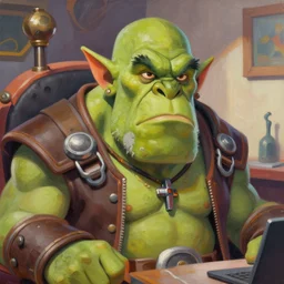 greg manchess close - up portrait painting of a ruggedly handsome old dieselpunk orc general with olive green skin as an overwatch character sitting in his office, organic painting, sunny day, matte painting, bold shapes, hard edges, street art, trending on artstation, by huang guangjian and gil elvgren and sachin teng