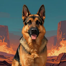 close up character portrait icon of the german shepard beast - man, chest muscles, standing in hell landscape, 4 k, tone mapping
