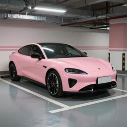 a pink car parked in a ping garage