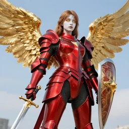 picture of fully armored valkyrie, crimson plated, sword and shield, golden wings, divine vibes, light brown hair, white skin, shiny golden eyes, pretty, sky background, sharp focus, highly detailed, cinematic lighting, studio quality, smooth render, unreal engine 5 rendered, octane, rendered, by artgerm, greg rutkowski, alphonse mucha