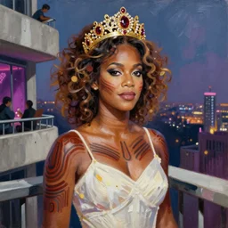 palette knife oil painting portrait of whitney houston, a queen - with gold tiara with rubies and diamonds, woman in white dress and australian aboriginal body paint, concrete balcony, nightclub, artstation trending, artgerm, any racial background, deviant art, hipster, octane, substance, art history 8 k