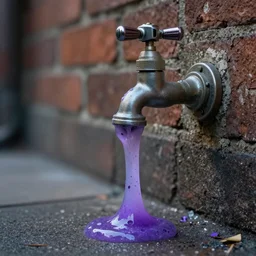 intricate faucet with purple slime coming out of it, attached to a brick wall, the slime is oozing on the ground next to the faucet. Very detailed 8k. Fantasy cyberpunk. Sharp. Cinematic post-processing