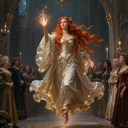 Fantastic, fairytale painting, Beautiful, female mage, long flowing red hair, light emitting from fingertips, hovering, ornate gown, royalty, surrounded by a crowd of people, onlookers, kingdom, royal court, hyperreal,
