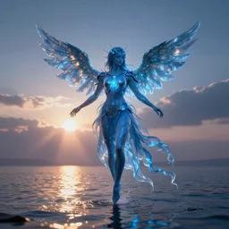 i'm blue dabedidabeda, seraphim neo solar punk entity floating above reflective water body at dusk or dawn, god rays, volumetric lighting, hdr, polished, micro details, ray tracing, 8 k