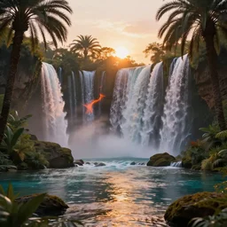 beautiful oasis waterfalls surrounded by palm trees, sun setting, ross tran, nephilim, pyroclastic flow, ethereal, fantasy, james jean, oozium, peter morbacher angelarium alchemy luxury heavenly light soft illumination, trending on artstation, cinematic lighting, digital painting, octane render, artgerm