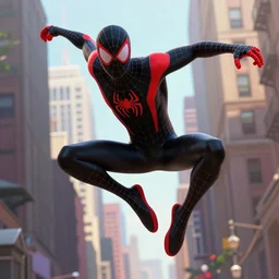 exciting matte painting of a 3 d full body character illustration of miles morales spiderman from into the spiderverse swinging through brooklyn new york, black and red color scheme costume, miles morales!!!, into the spiderverse, spiderverse, 8 k, sharp focus, substance painter, painted texture maps, digital painting, concept art, octane render