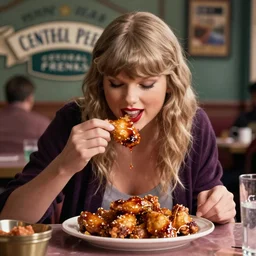 taylor swift eating chicken wings at central perk from friends, soft lighting, super detailed