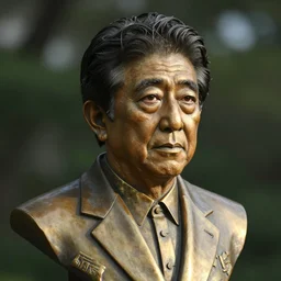 A detailed luminous bronze bust of Shinzo Abe. Close angle