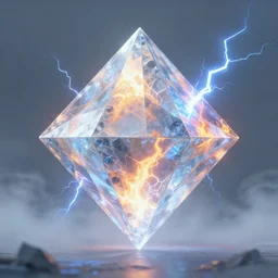 symmetric!! close up 3 d hd rendering of the giant tetrahedron of ice, fire and lightning, misty, unreal engine, blizzard warcraft artwork,, radiant light, minimalist, detailed environment